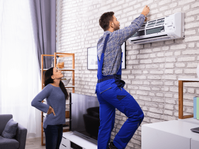 HVAC technician working while happy customer assists